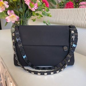 FERRAGAMO Black Nylon Chain-Link Flap Shoulder Bag - Designer Handbag
